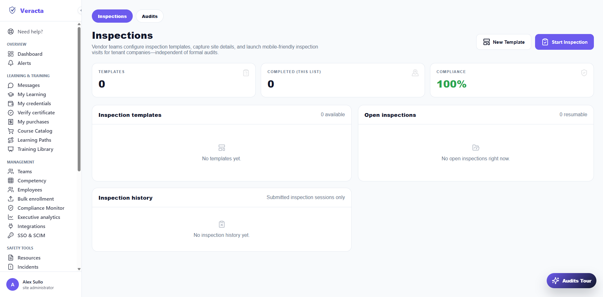 Veracta inspections dashboard for configuring templates and launching mobile inspection visits