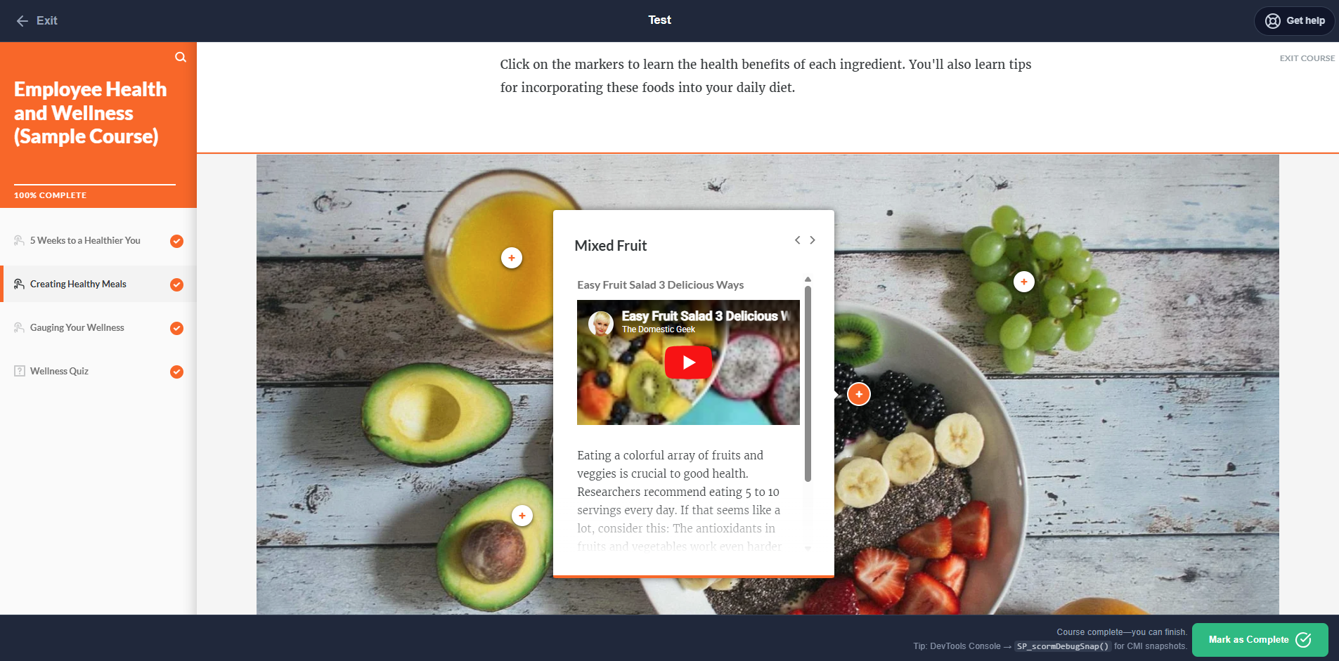 Veracta SCORM course player showing an interactive health and wellness lesson with navigation sidebar